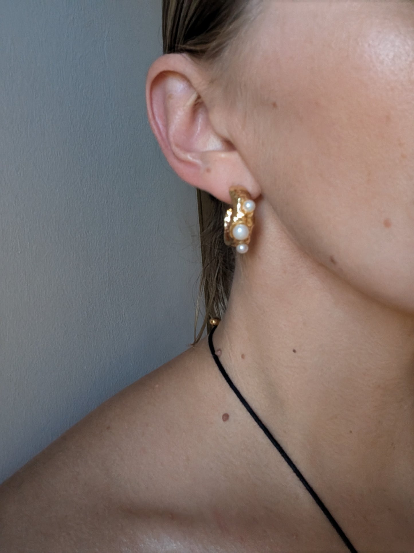 Gold Coral Textured Pearl Chunky Hoop Earrings