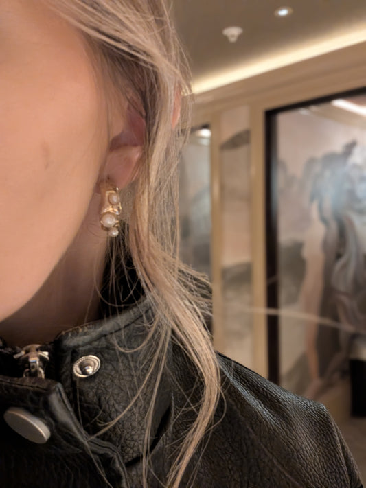 Gold Coral Textured Pearl Chunky Hoop Earrings