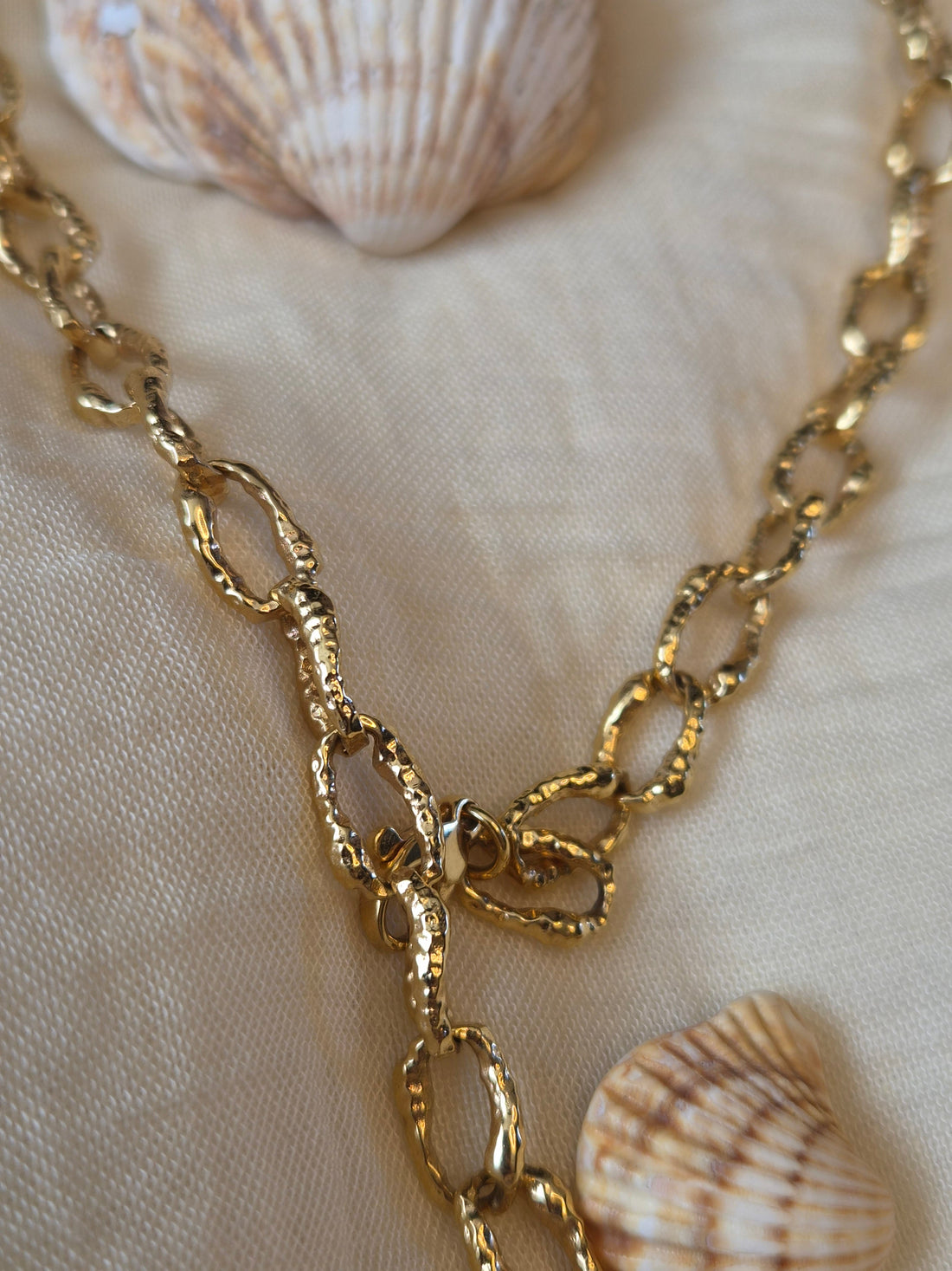 Closeup of gold plated necklace on a cream background with shells 