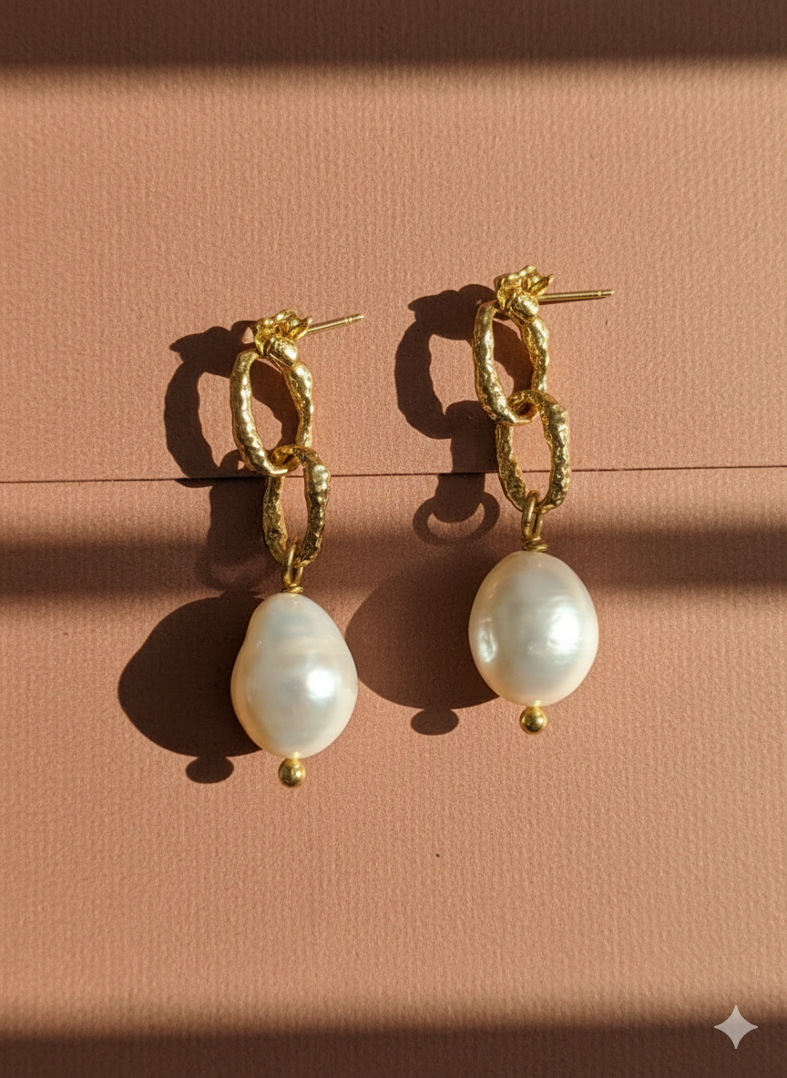 Gold Sandy Textured Chunky Chain Pearl Drop Earrings