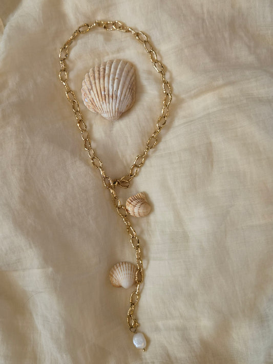 Gold Sandy Textured Chunky Chain Pearl Pendant Lariat Necklace