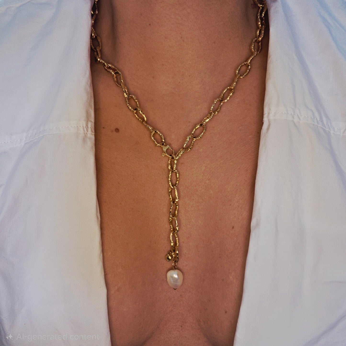 Gold Sandy Textured Chunky Chain Pearl Pendant Lariat Necklace