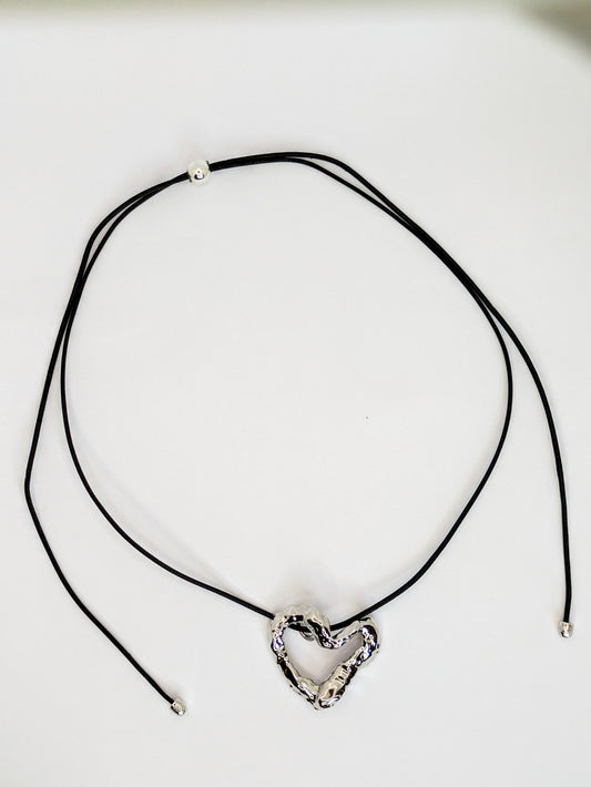 Silver Wavey Silver Textured Heart Adjustable Cord Necklace