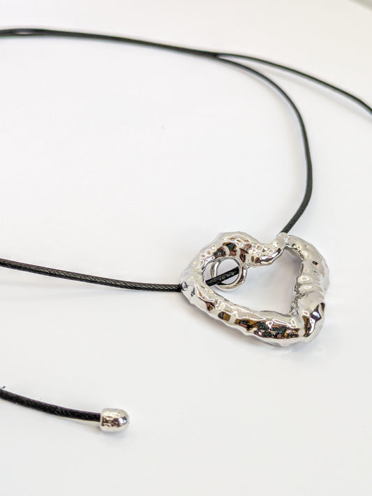 Silver Wavey Silver Textured Heart Adjustable Cord Necklace
