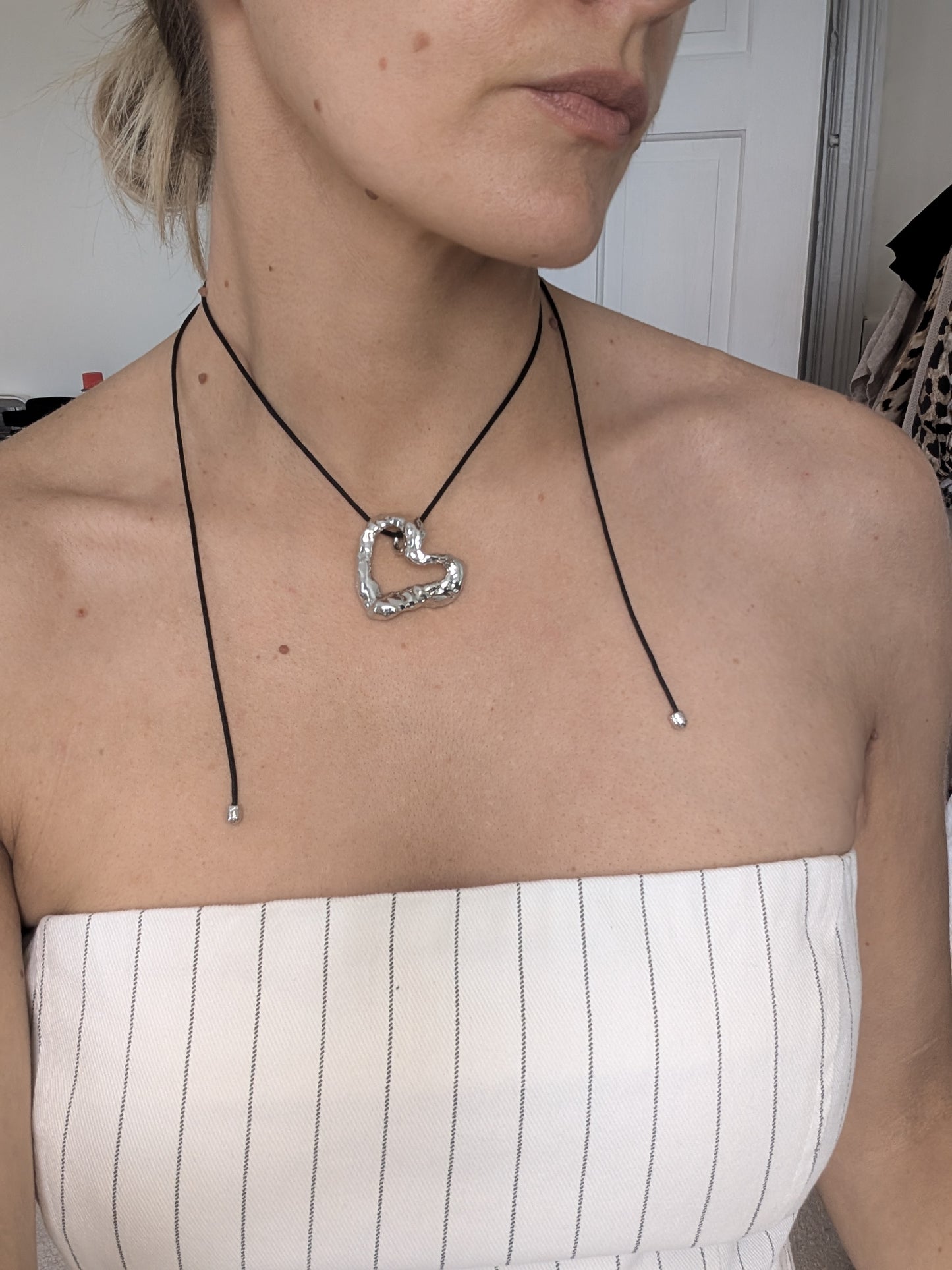 Silver Wavey Textured Heart Adjustable Cord Necklace
